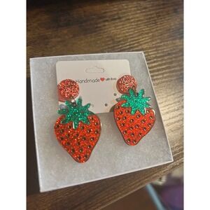 Glitter Strawberry Earrings Handmade with Love Fruit‎ Dangle Earrings